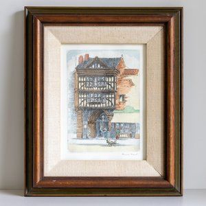 James Grant Signed Hand Colored Etching British Tudor Street Scene Framed